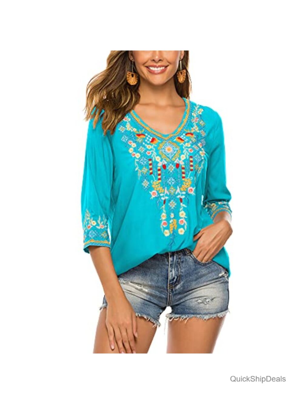 Boho Embroidered Peasant Top 100% Rayon 3/4 Sleeve V-Neck Blouse